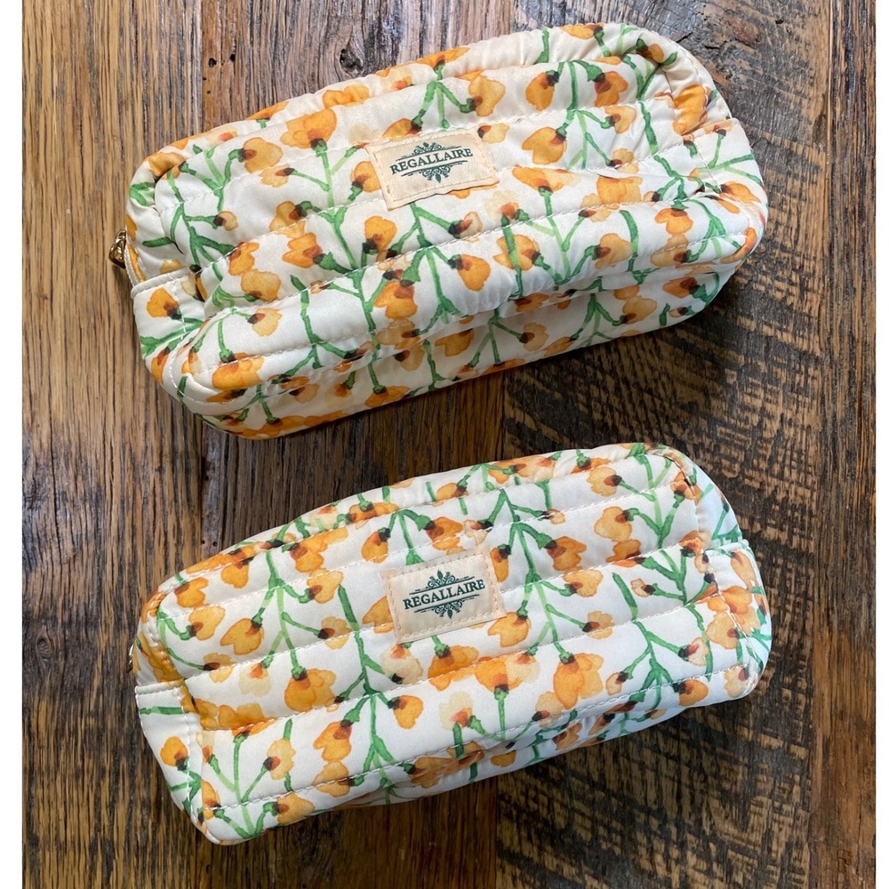 Regallaire Quilted Makeup‎ Bag Set 2pc Yellow Floral Cosmetic Pouch Travel Case